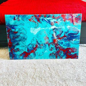 Turquoise and Red Acrylic Art Painting LARGE "48 X 30" X .075" Resin Art